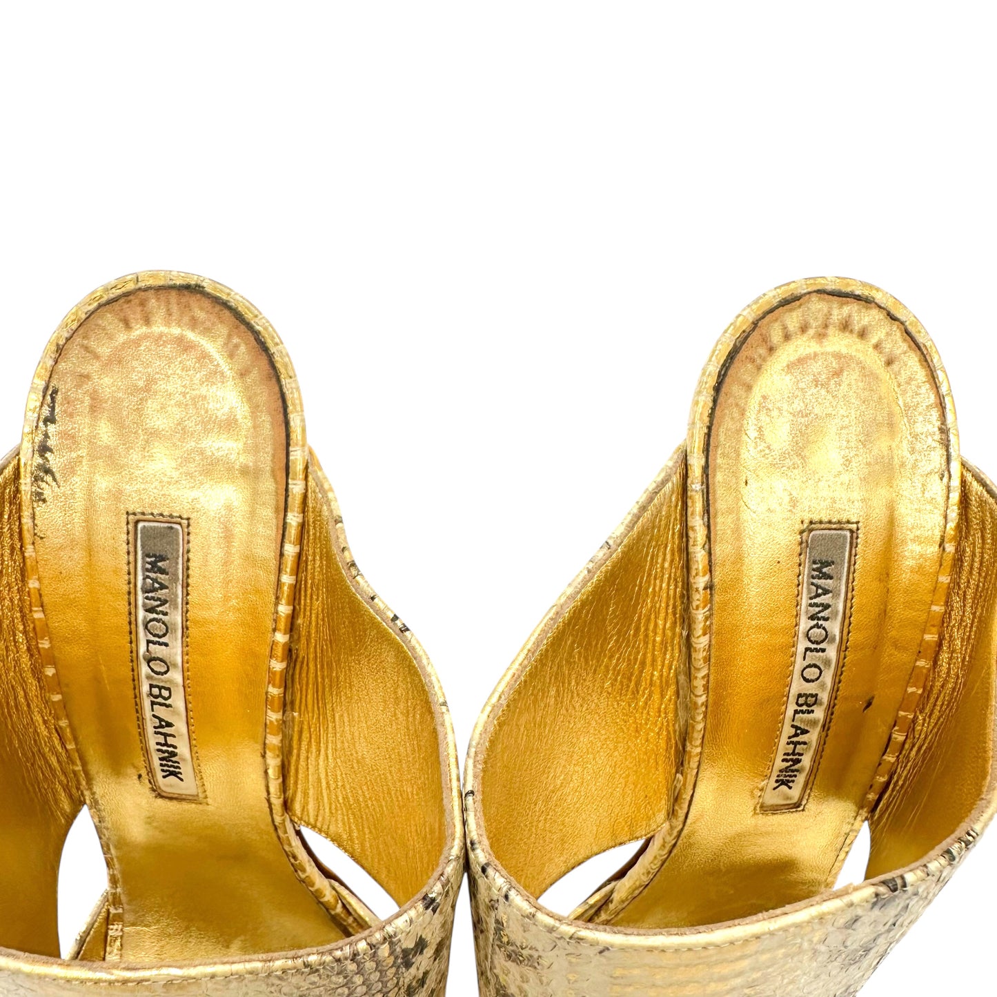 Manolo Blahnik Gold Python Mule Heels