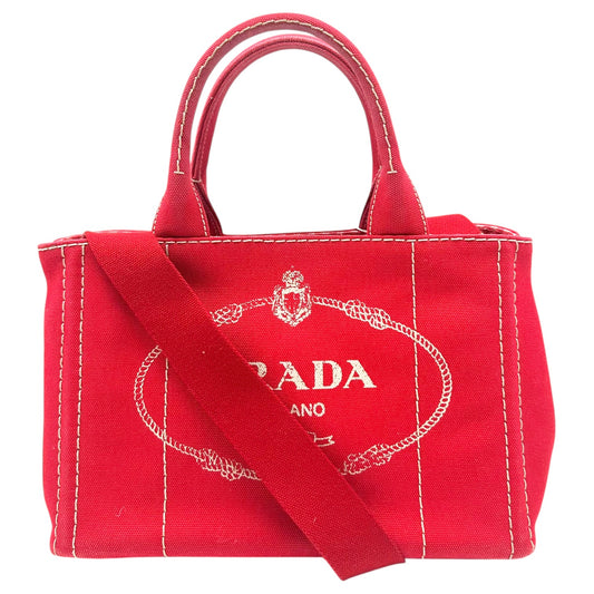 Prada Red & White Contrast Stitch Small Canapa 2-Way Tote Bag