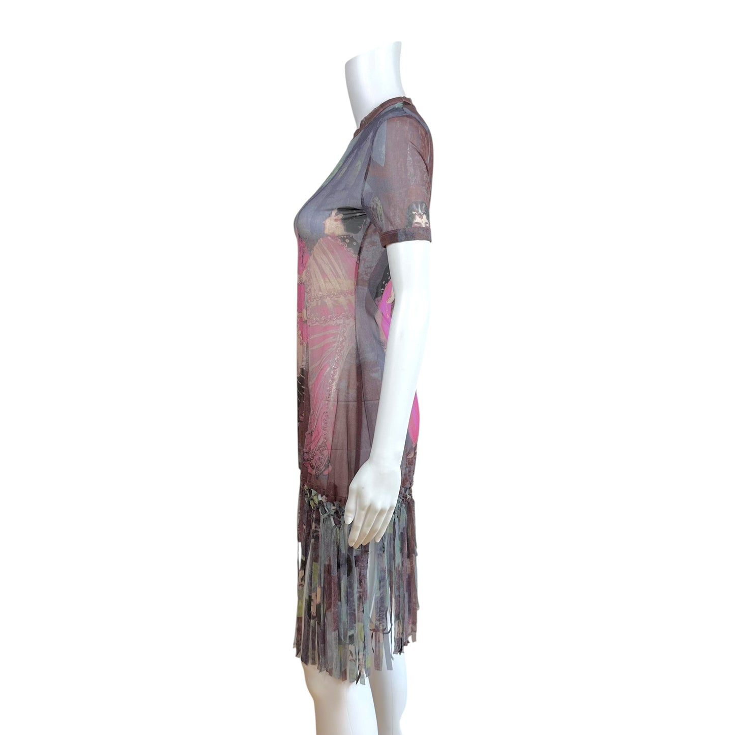 Jean Paul Gaultier Purple Multicolor People Print Fringe Trim Mesh Mini Dress