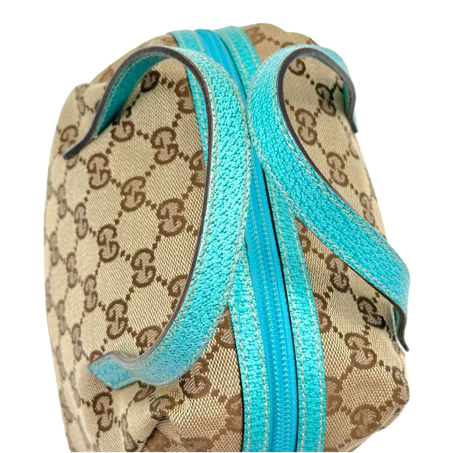 Gucci Tan Monogram & Turquoise Top Handle Pochette Bag