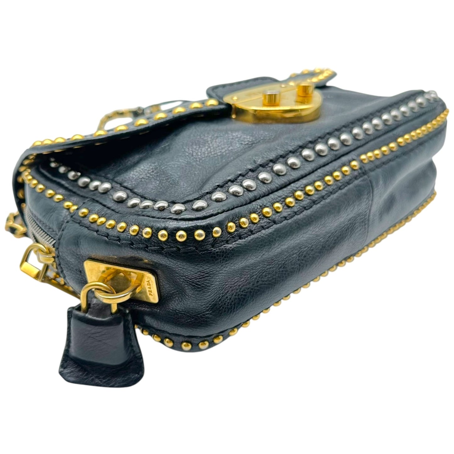 Prada Black Leather Studded Chain Strap Shoulder Bag