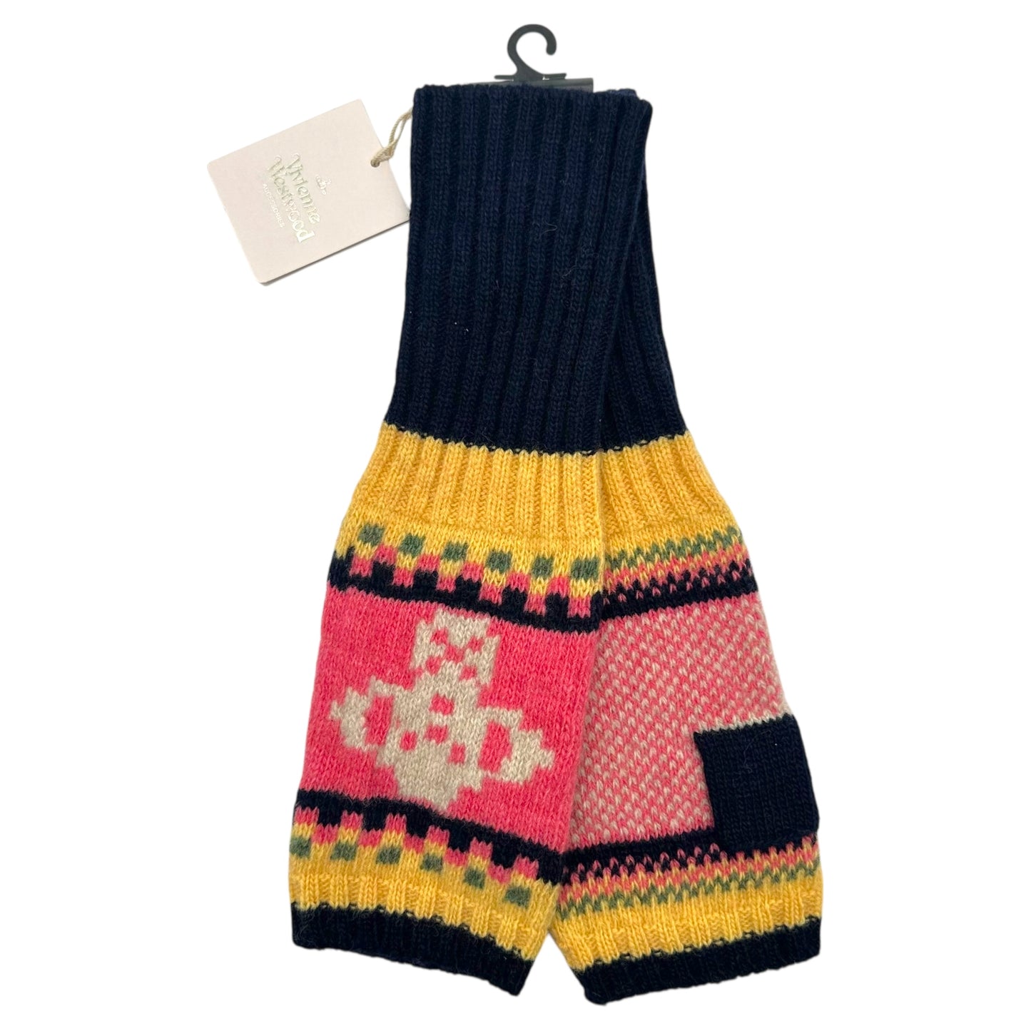 Vivienne Westwood Pink Yellow & Black Orb Logo Fingerless Wool Gloves NEW