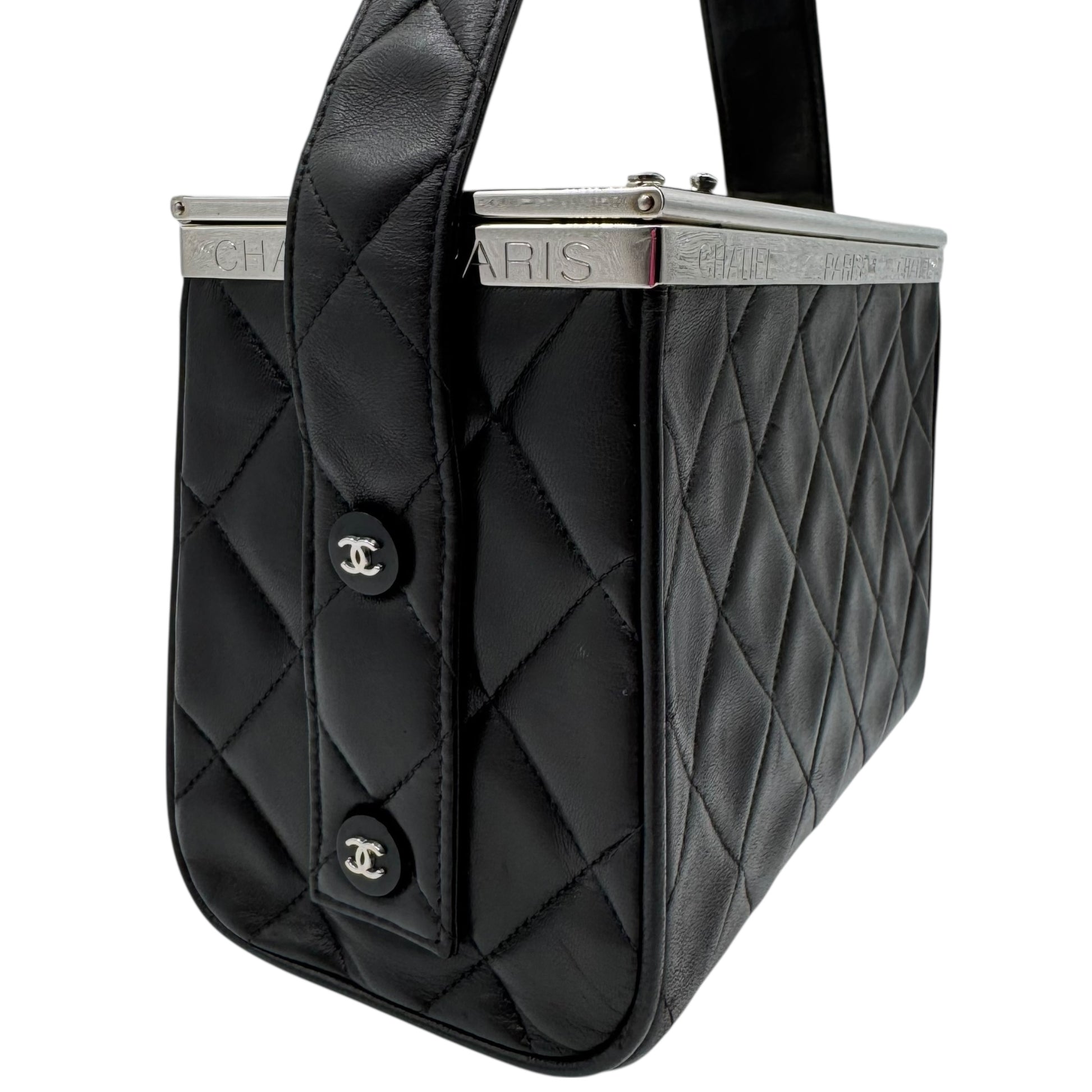 Chanel Black Matelasse Quilted Lambskin Metal Trim Vanity Bag 1996-97 - Outfit Repeater