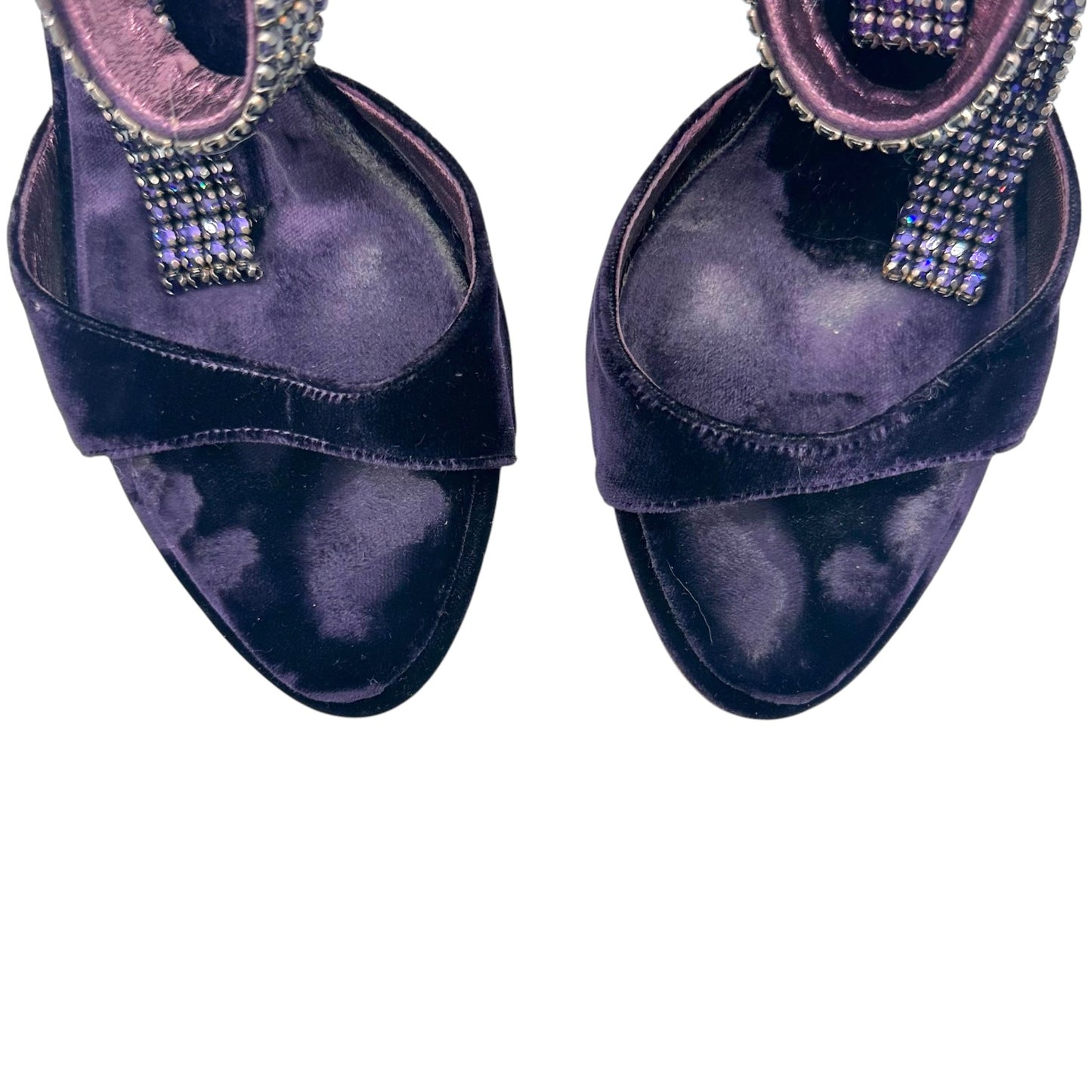 Roberto Cavalli Purple Velvet & Crystal Ankle Strap Heeled Sandals