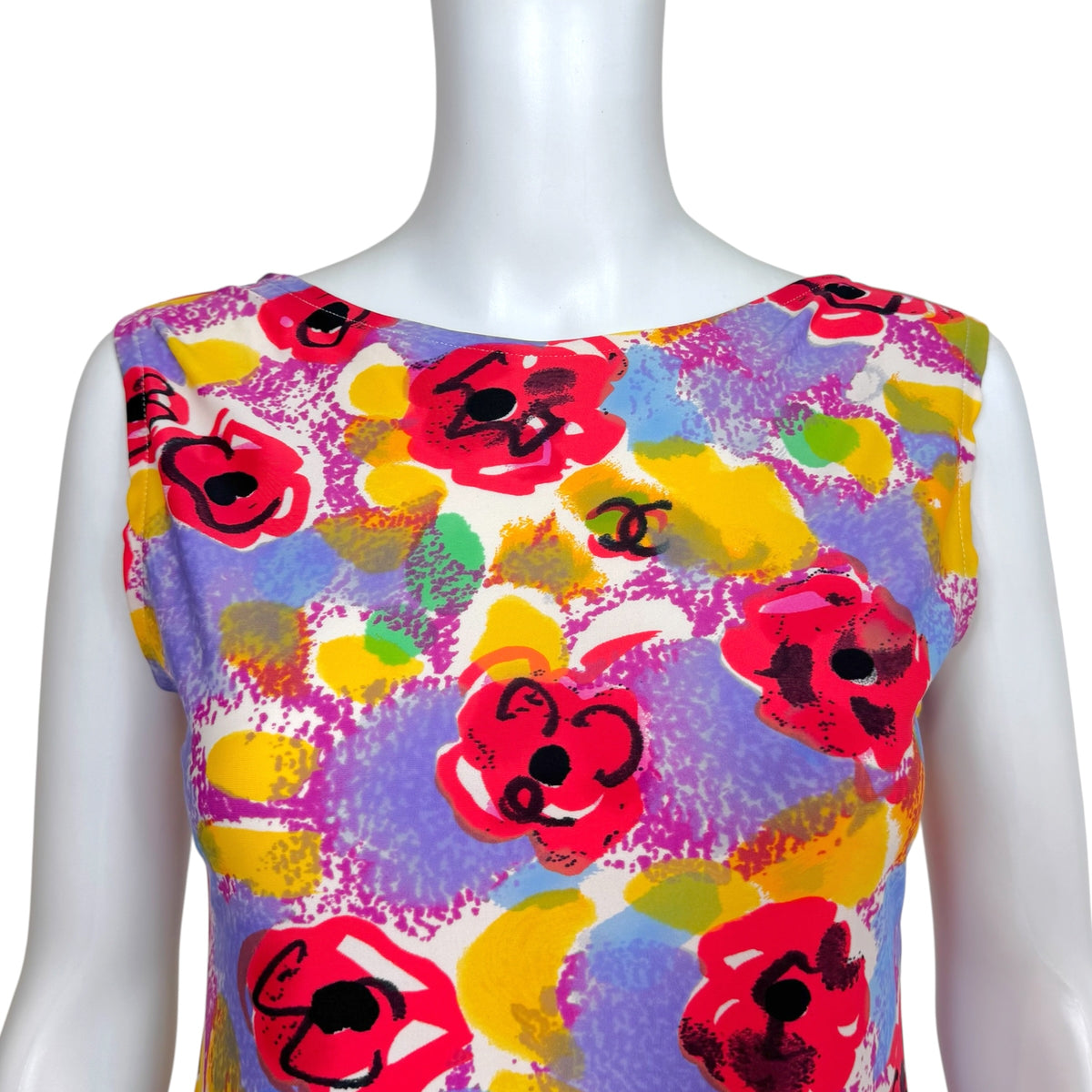 Chanel A-Line Mini Dress Multicolor Camellia Print 1990s