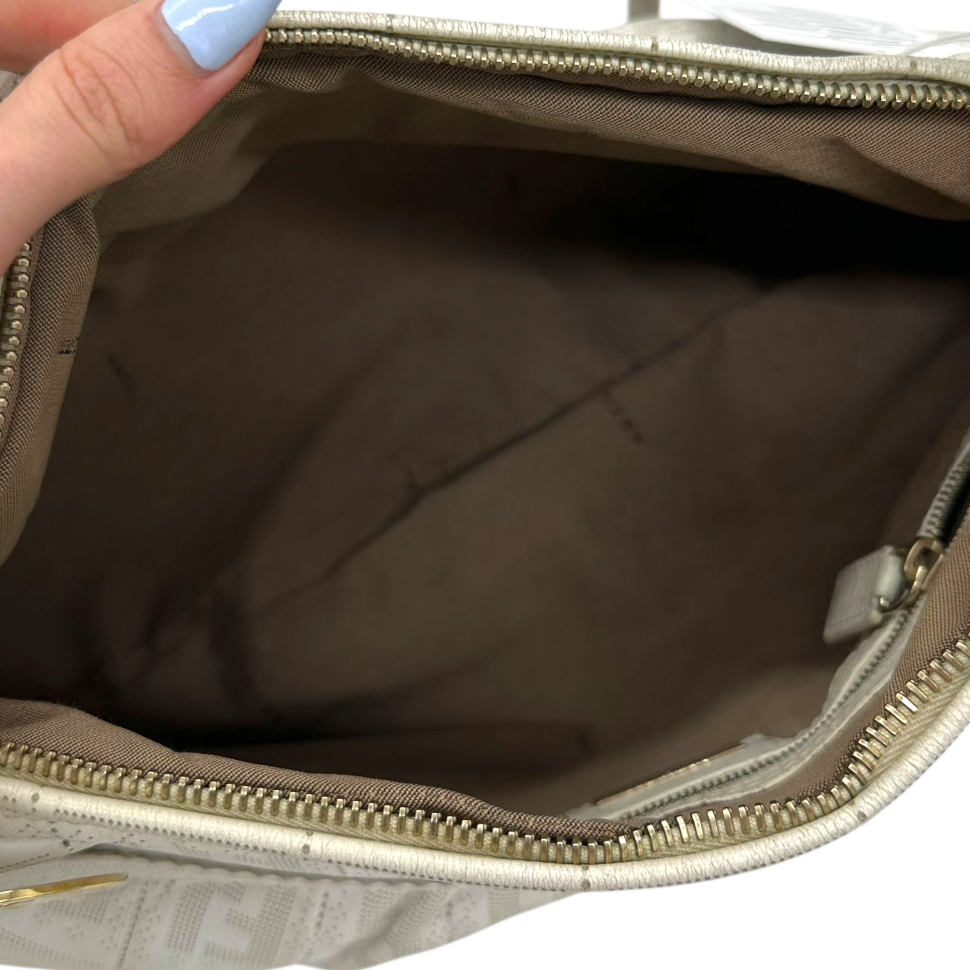 Fendi White Leather Perforated Zucca Monogram Large Chef Bag - Outfit Repeater