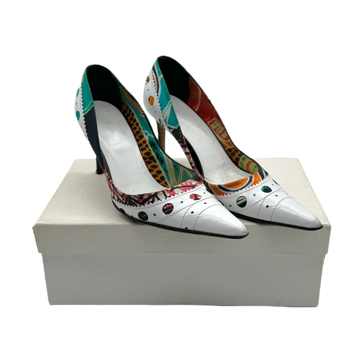 John Galliano Printed Silk & White Leather Pointed Heels
