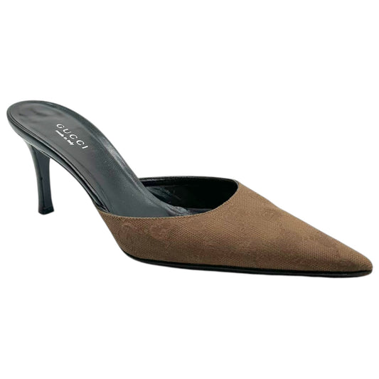 Gucci Tan Monogram Pointed Toe Kitten Heel Mules