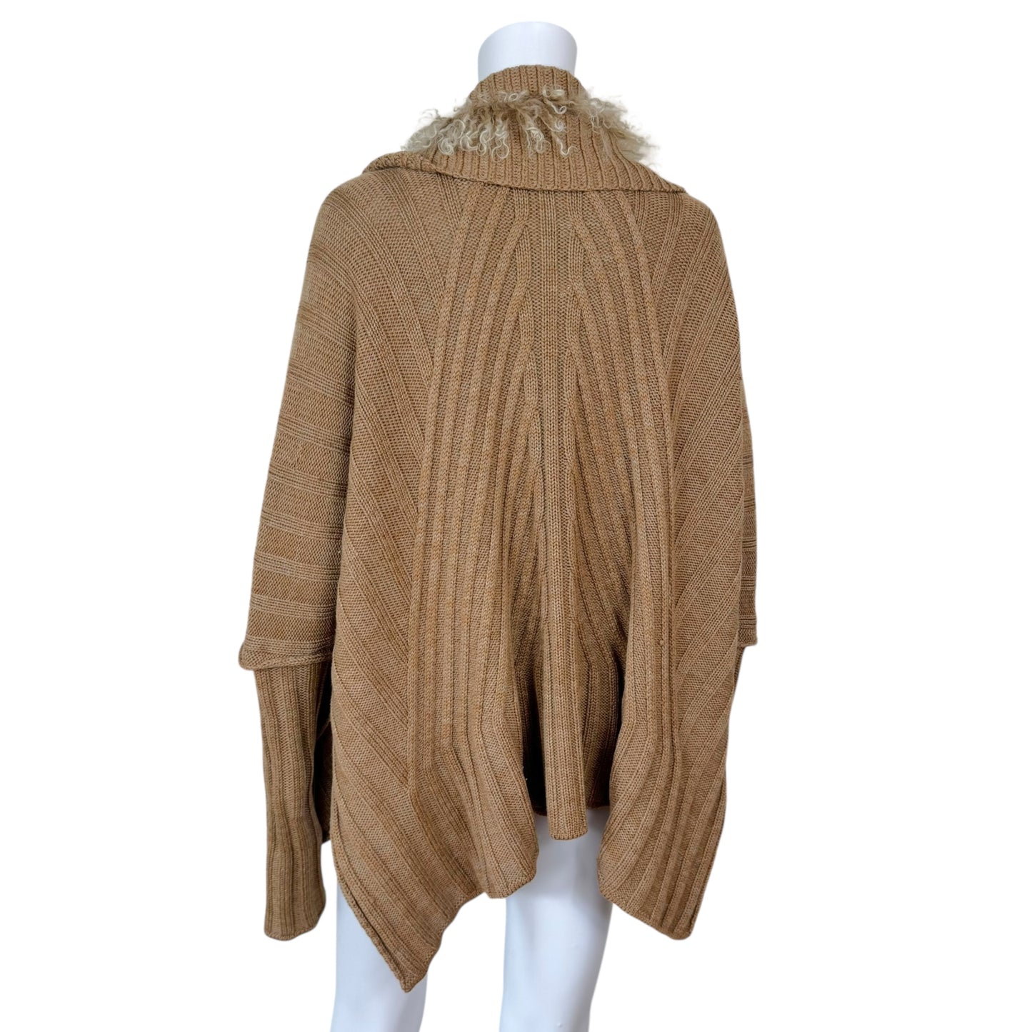 Roberto Cavalli Class Tan Mongolian Sheep Fur Trim Oversized Cardigan