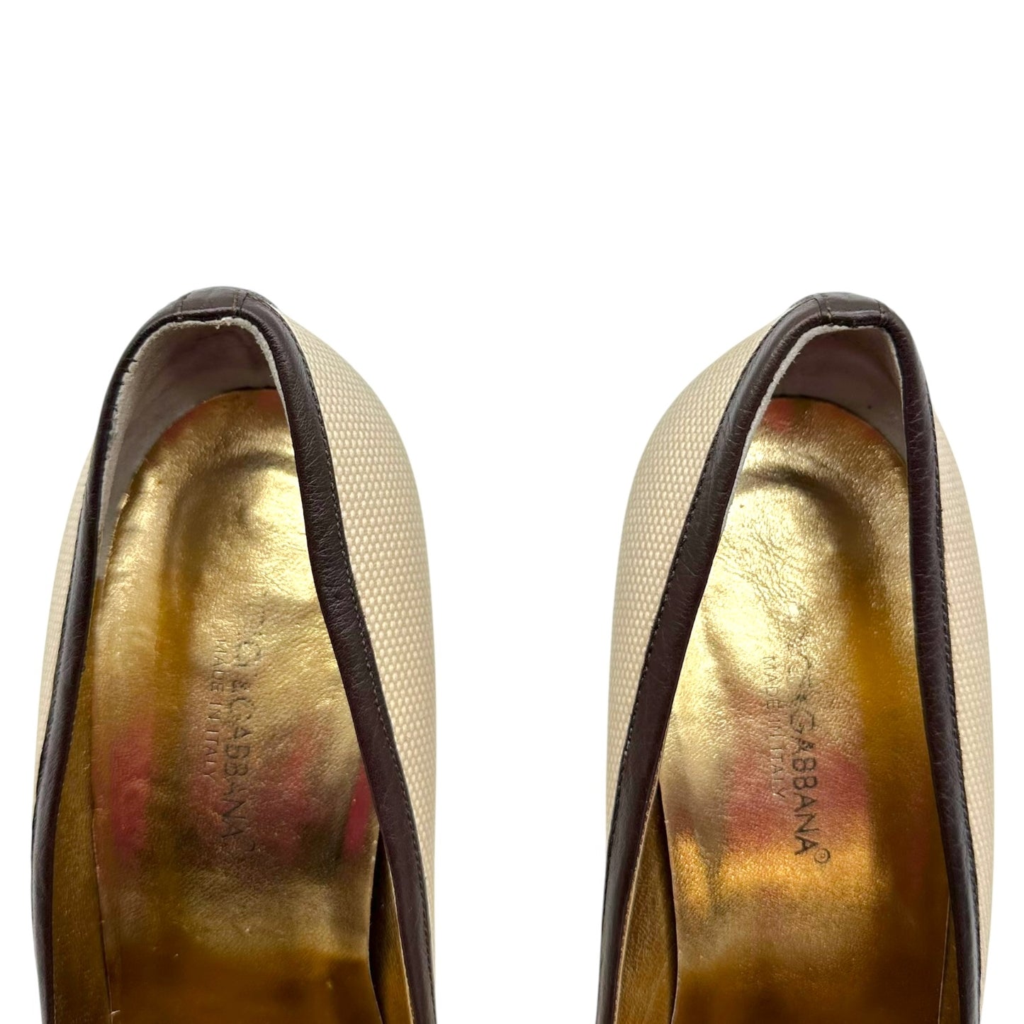 Dolce & Gabbana Ivory & Brown Canvas & Leather Gold Logo Charm Heels
