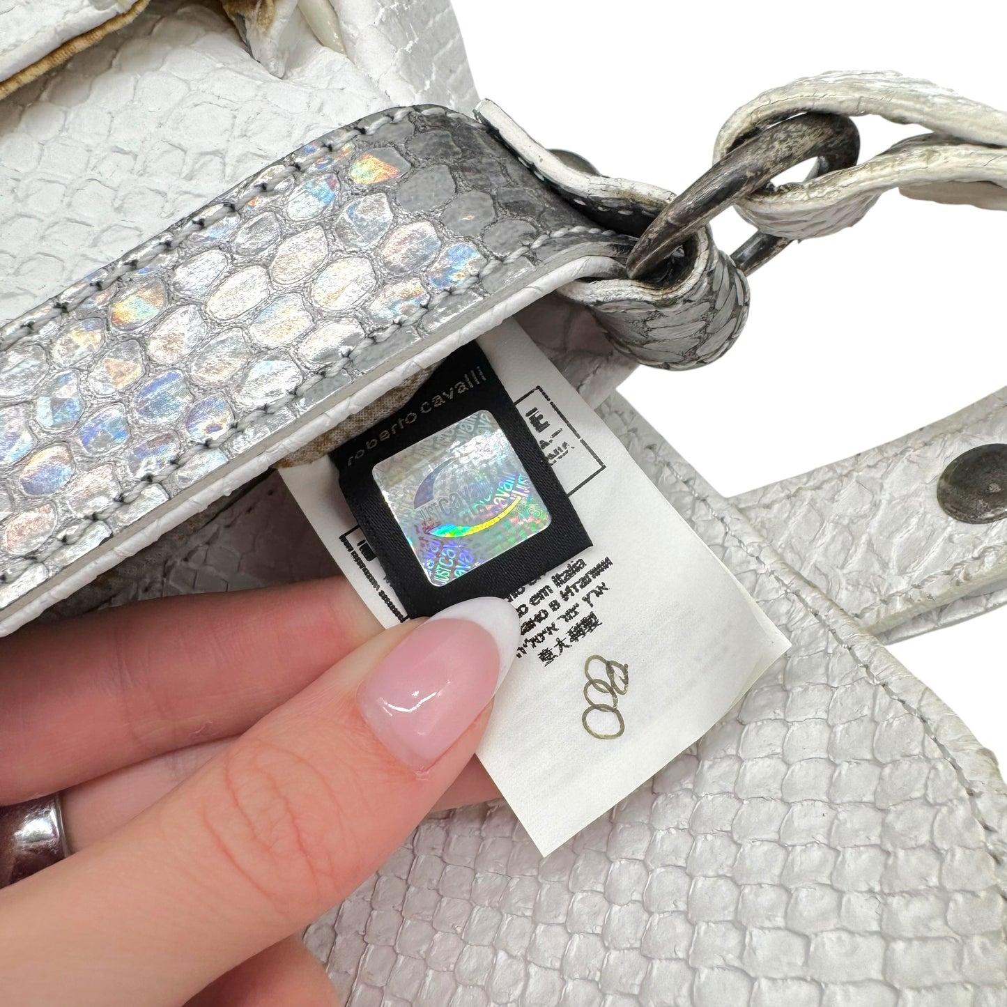 Just Cavalli White & Silver Faux Python Leather Shoulder Bag