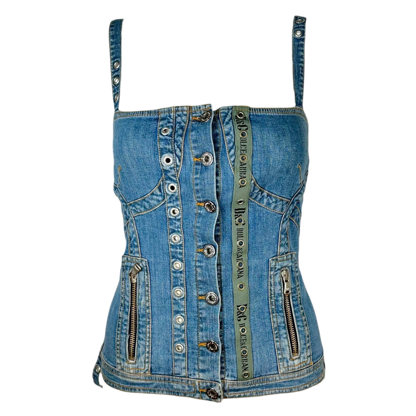 D&G Denim Khaki Bustier Top Adjustable Straps Zippered Pockets