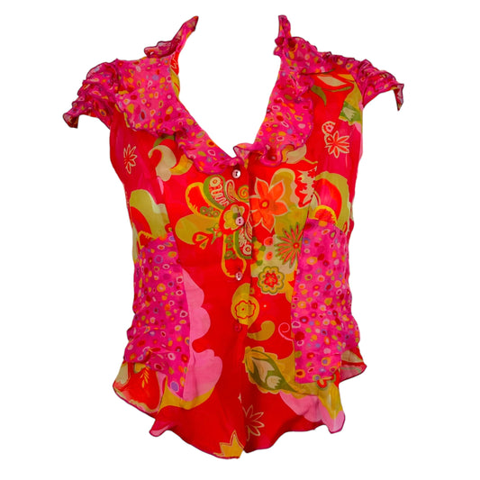 Emmanual Ungaro Floral Cropped Silk Blouse Red Pink