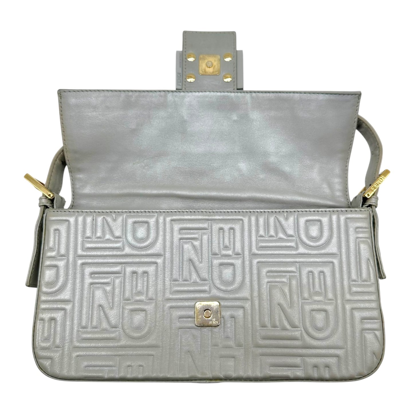 Fendi Silver Logo Embossed & Gold Hardware Baguette Bag