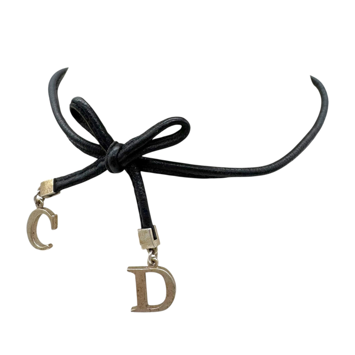 Christian Dior Black Leather & Silver CD Logo Charm Bow Choker Necklace