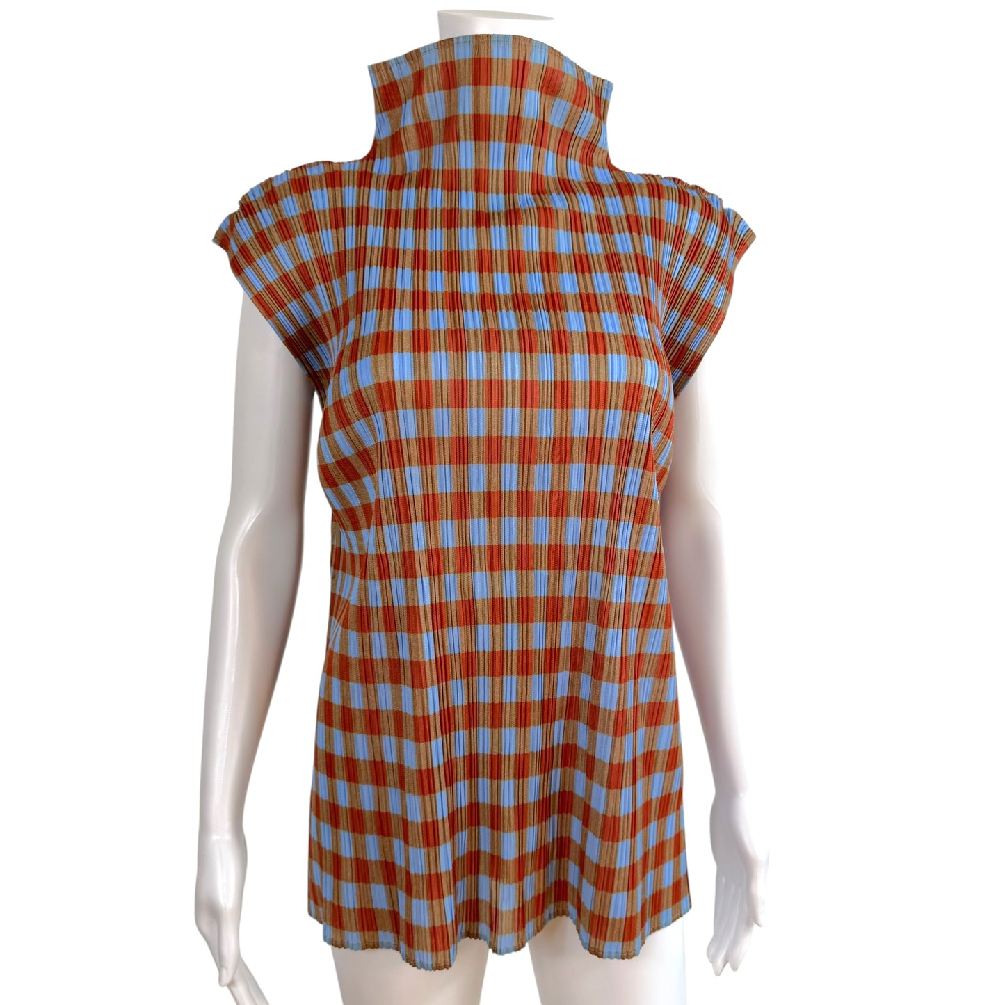 Issey Miyake Pleats Please Blue & Red Plaid Print Pleated Sleeveless Tunic Top Sz 3