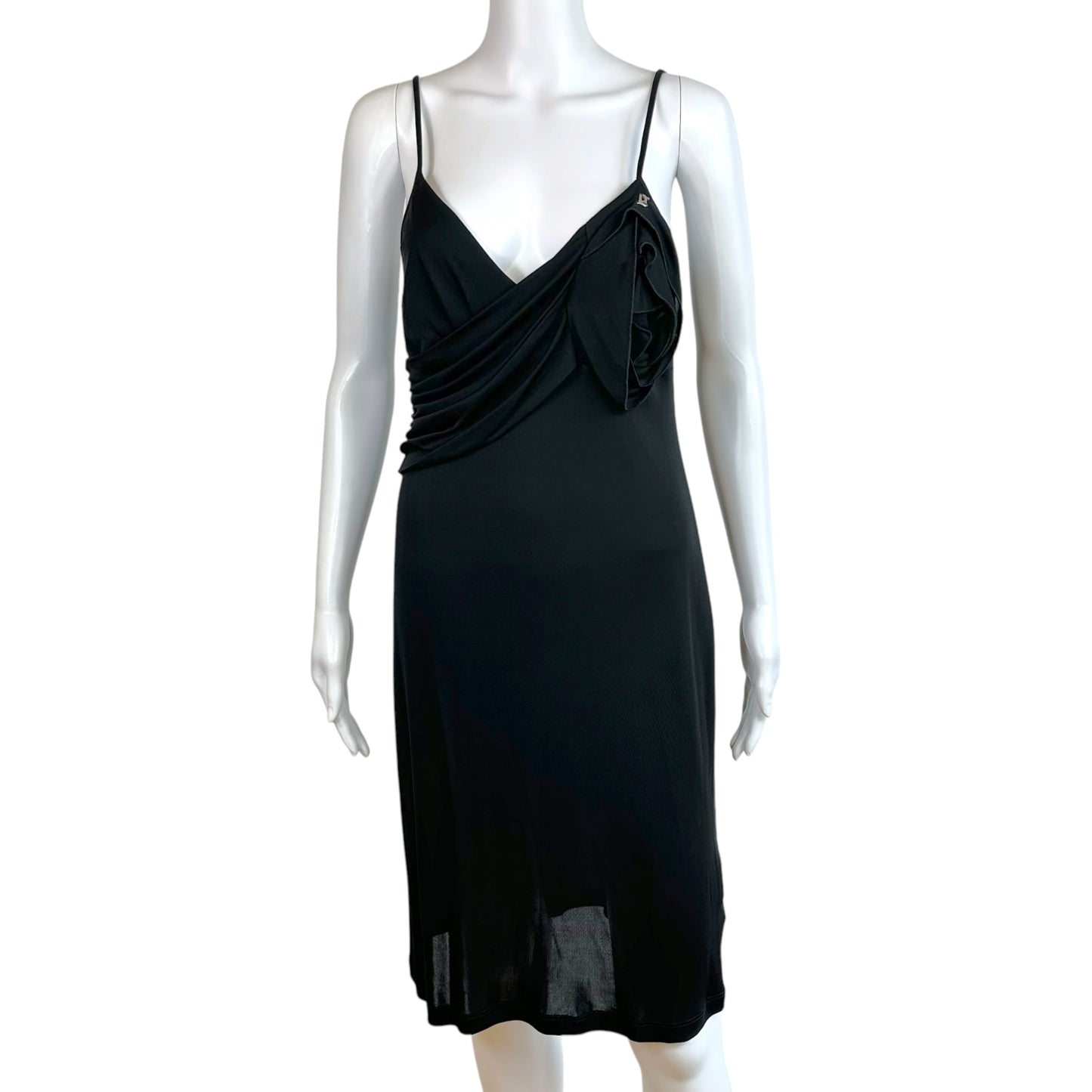 Galliano Black Mini Dress Rosette Applique V-Neck