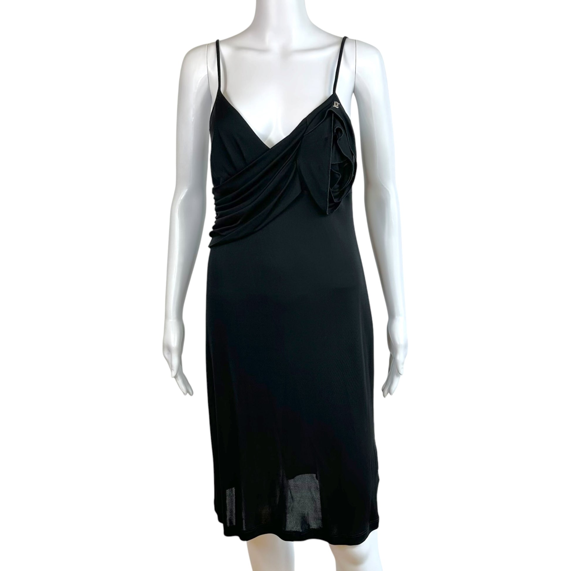 Galliano Black Mini Dress Rosette Applique V-Neck