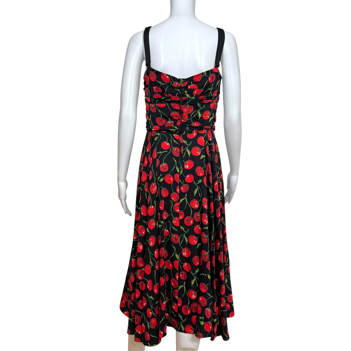 Dolce & Gabbana Black Red Cherry Print Silk Midi Dress