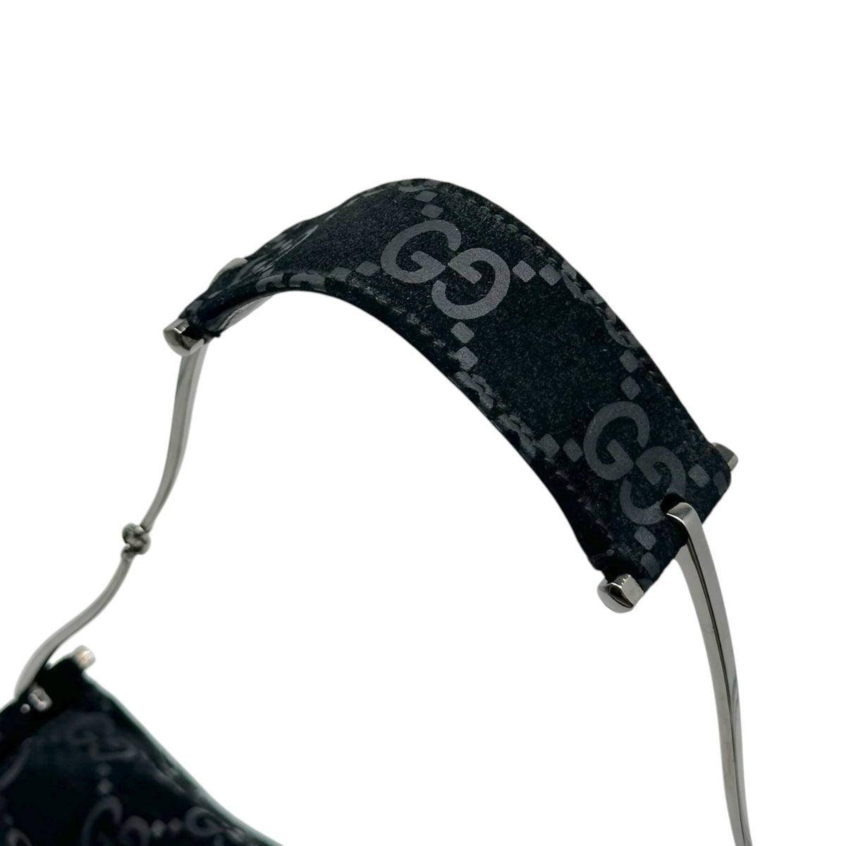 Gucci Black Embossed Suede Shoulder Bag with Metal Strap