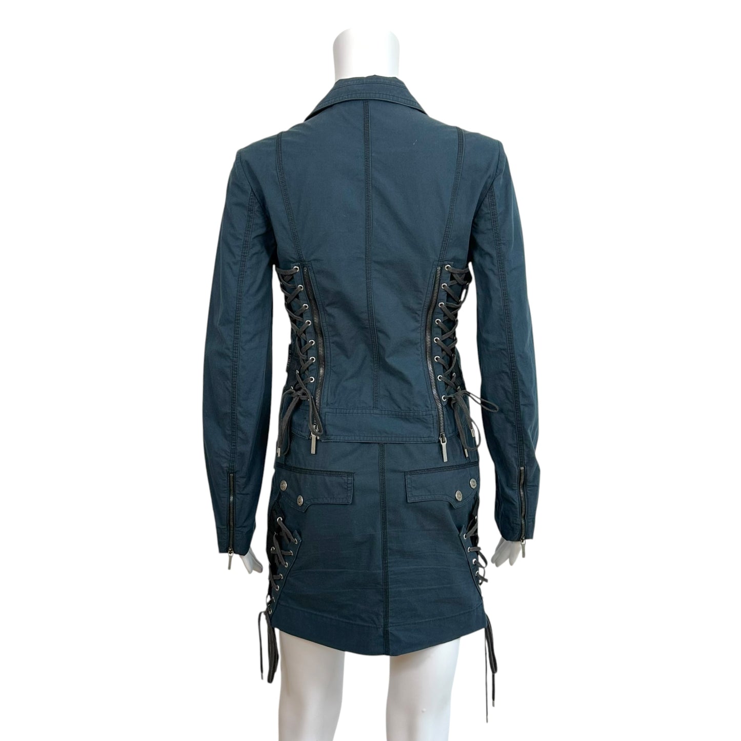 Christian Dior S/S 2004 'Hardcore' Black Lace Up Jacket & Midi Skirt Set