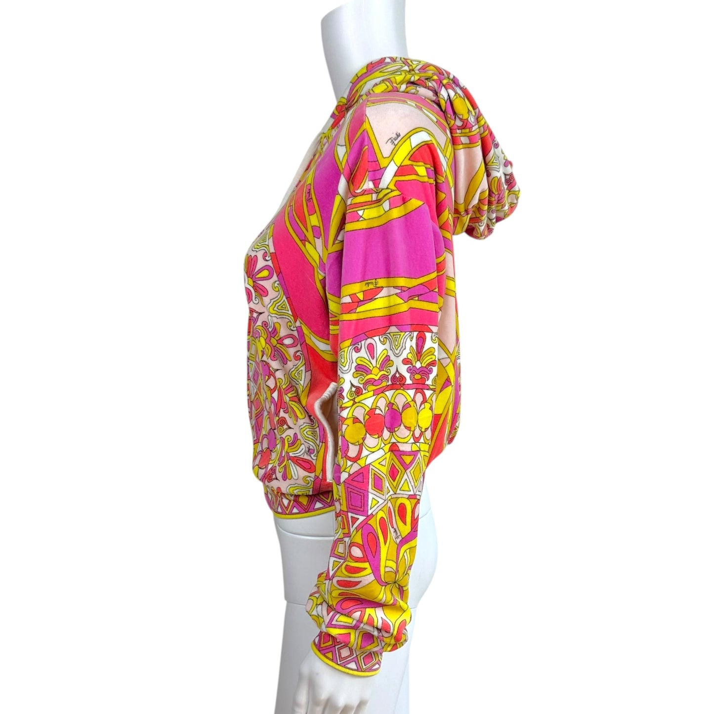 Emilio Pucci Bright Pink & Yellow Printed Cropped Velour Zip-Up Hoodie