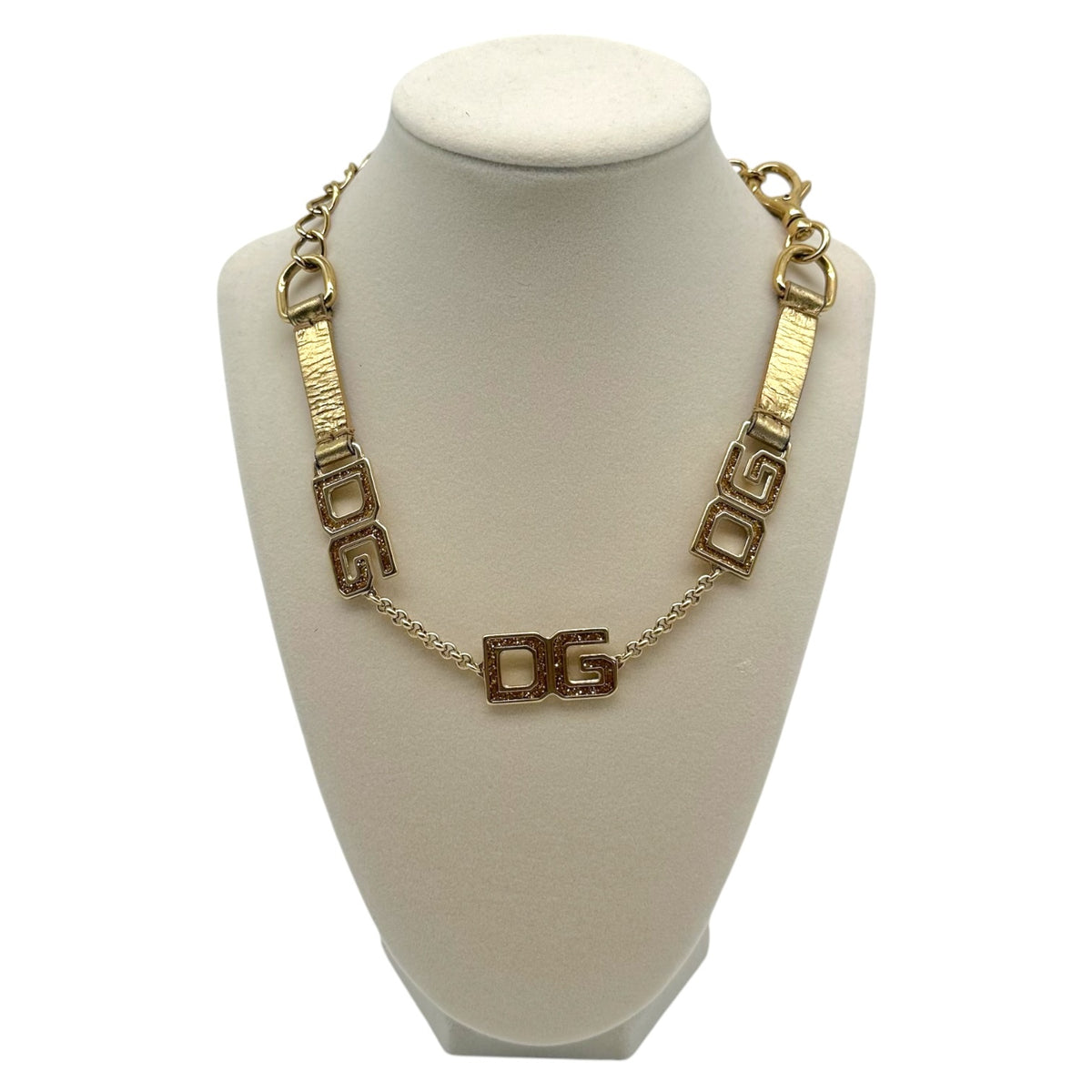 Dolce & Gabbana Gold Glitter & Leather Logo Charm Choker Necklace