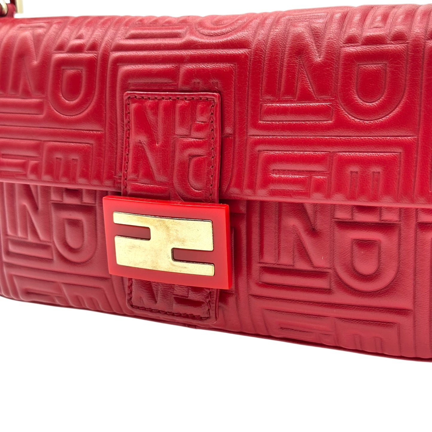 Fendi Red Leather Embossed Logo Baguette Bag