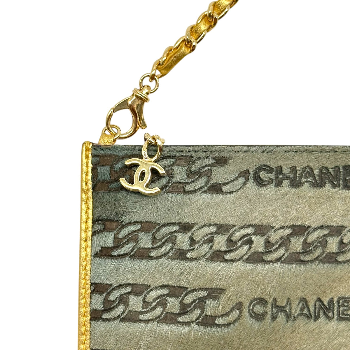 Chanel Pochette Bag Khaki Green Ponyhair Gold Leather