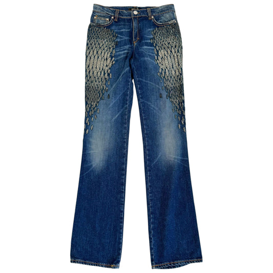 Roberto Cavalli Silver 'Scale' Beaded Dark Wash Bootcut Jeans NEW
