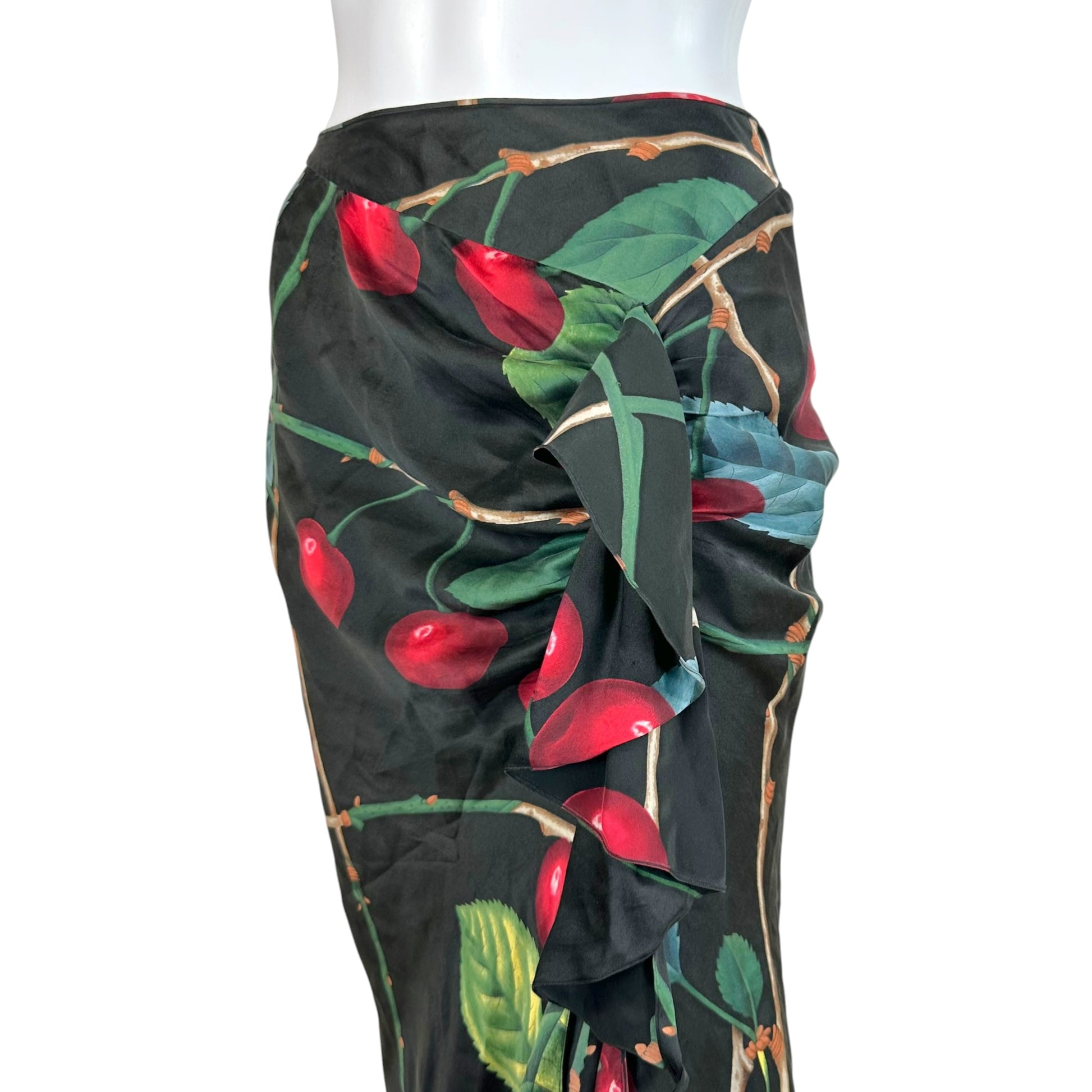 John Galliano Silk Midi Skirt Cherry Print Ruched Design