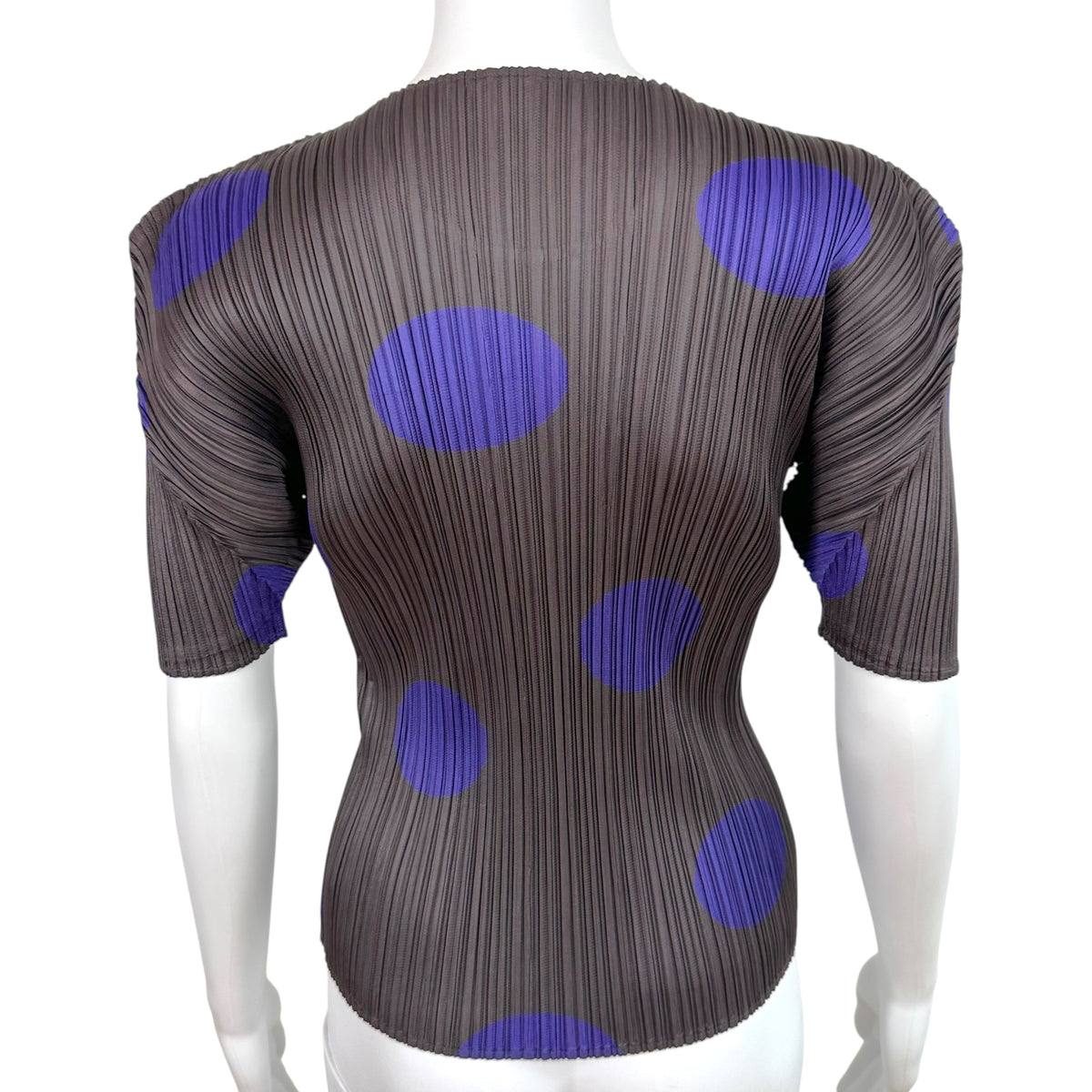Issey Miyake Pleats Please Brown & Purple Polka Dot Print Short Sleeve Pleated Blouse Sz 3