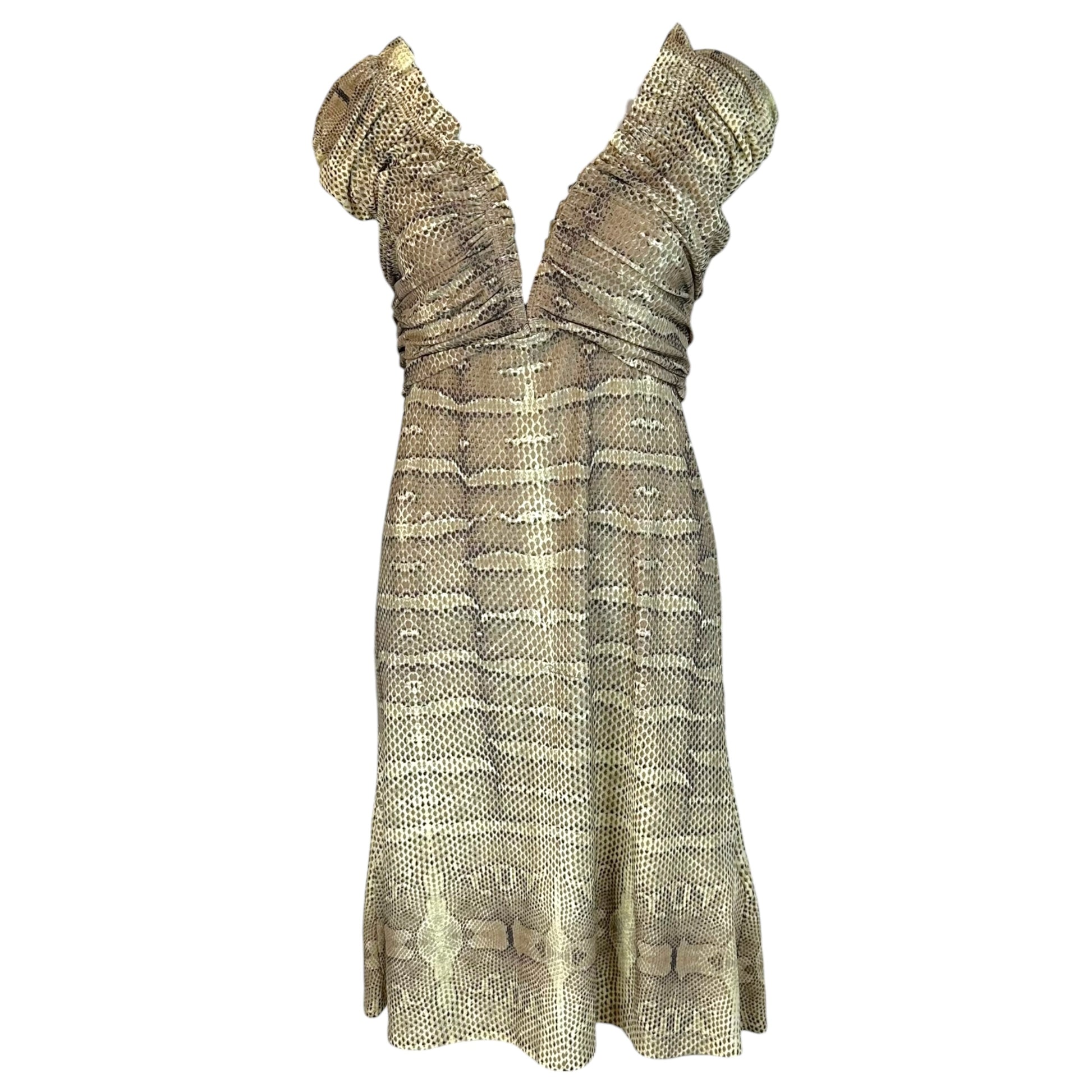 Roberto Cavalli Mini Dress Snakeskin Print V-Neck Large