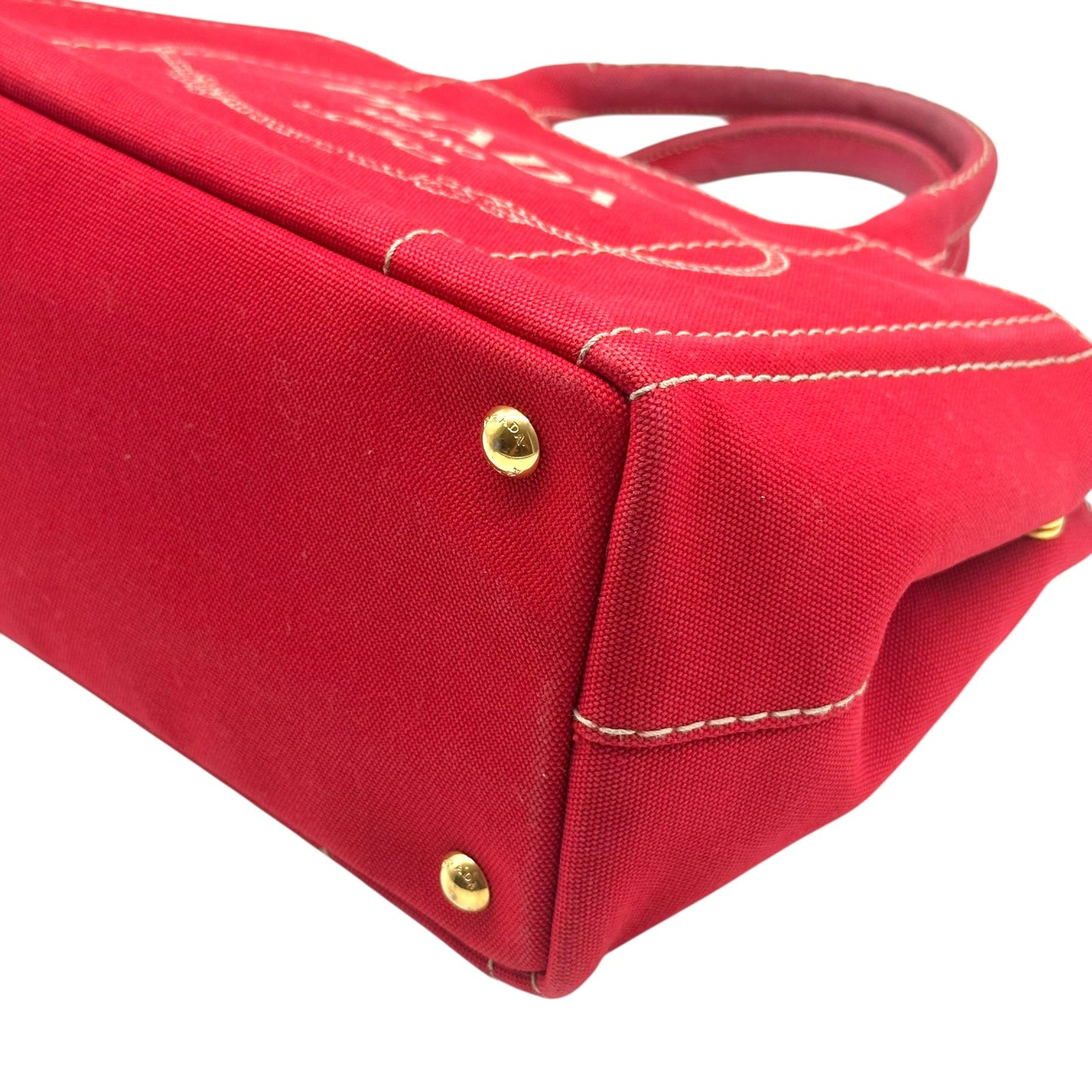 Prada Red & White Contrast Stitch Small Canapa 2-Way Tote Bag