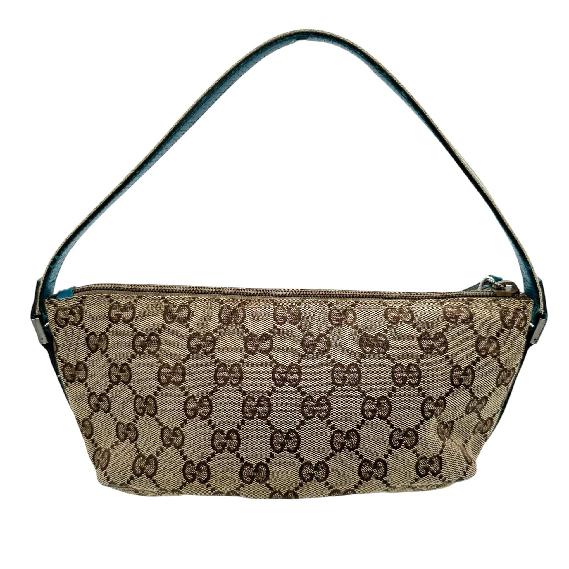 Gucci Tan Monogram & Teal Trim Pochette Bag - Outfit Repeater
