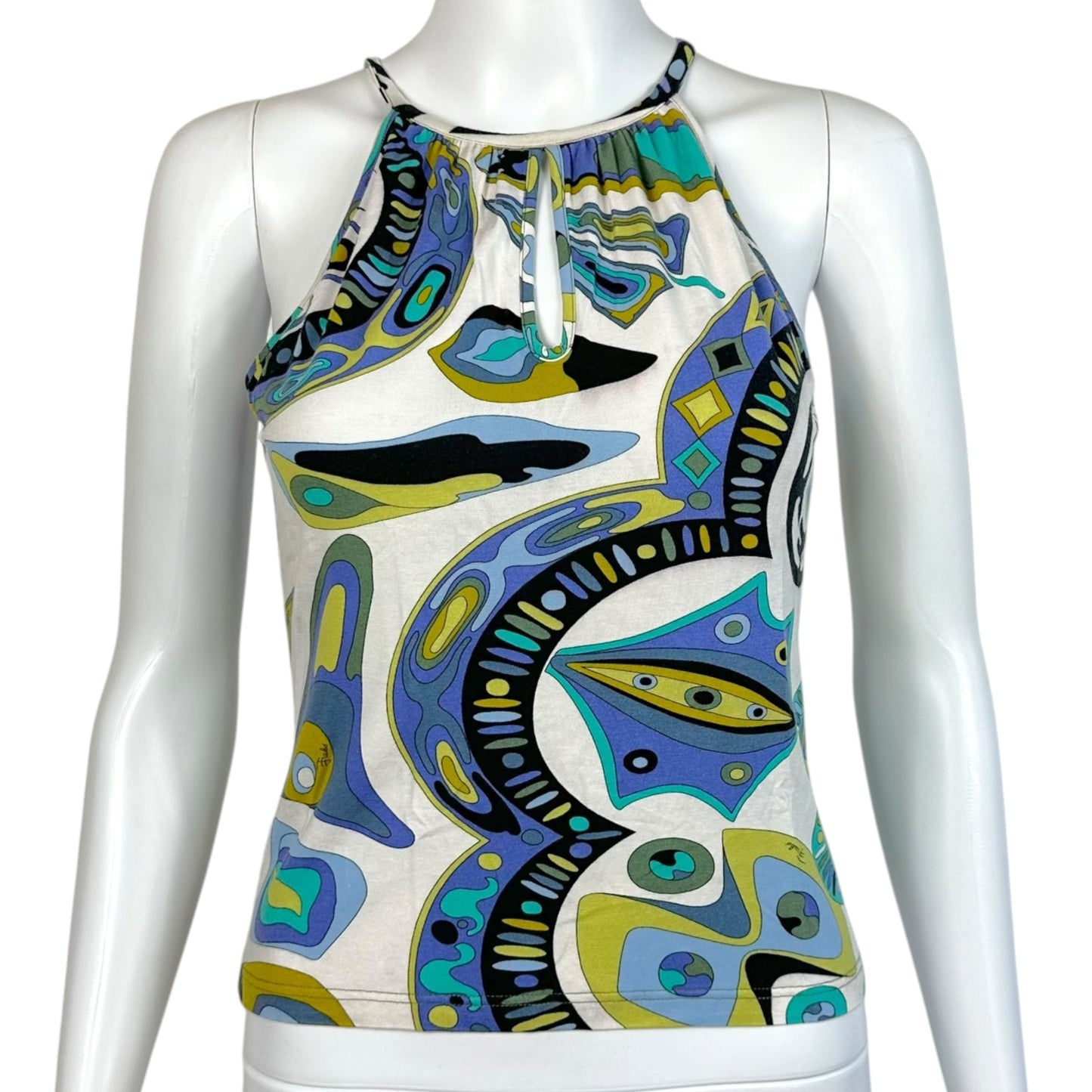 Emilio Pucci Blue & White Printed Keyhole Cut-Out Tank