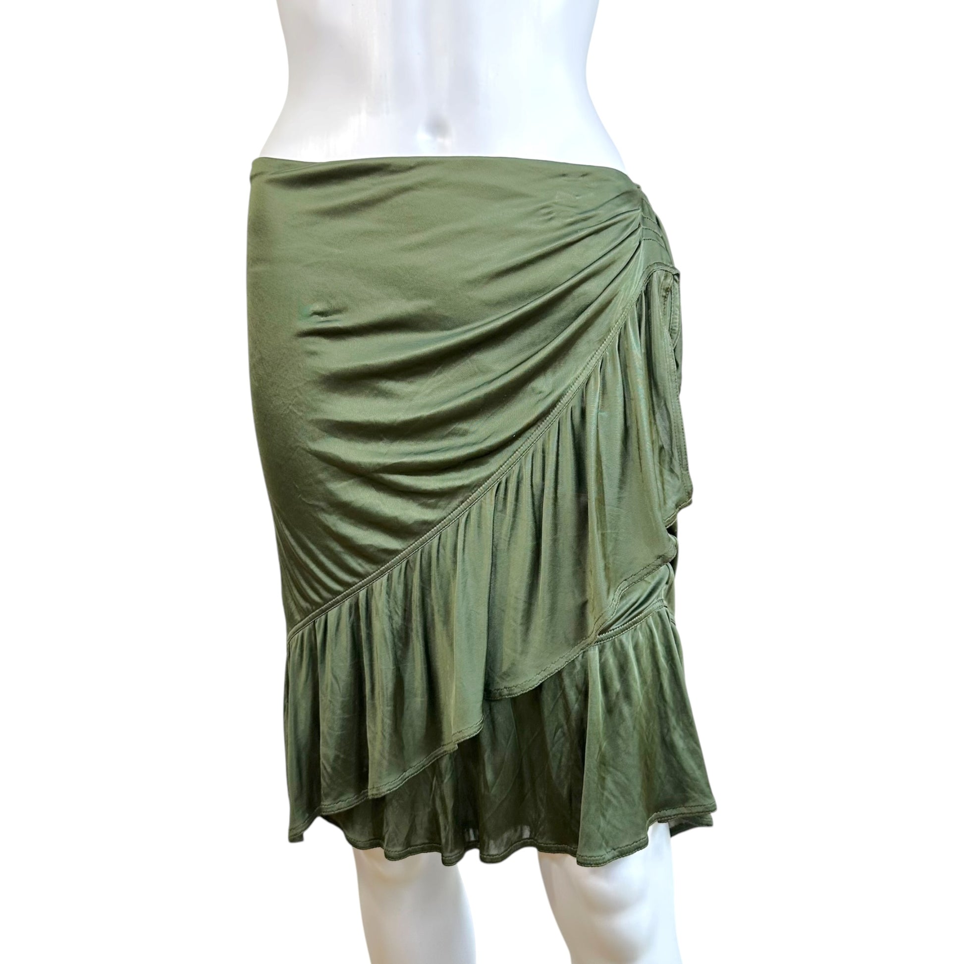 Yves Saint Laurent Khaki Green Knit Silk Midi Skirt