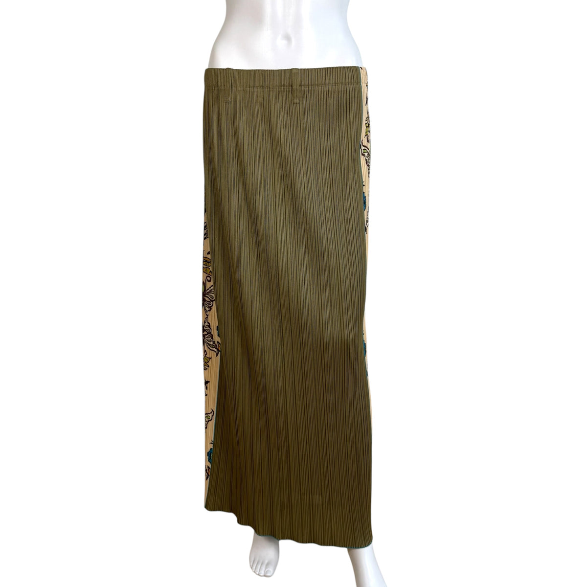 Issey Miyake Pleats Please Khaki Butterfly Print Maxi Skirt
