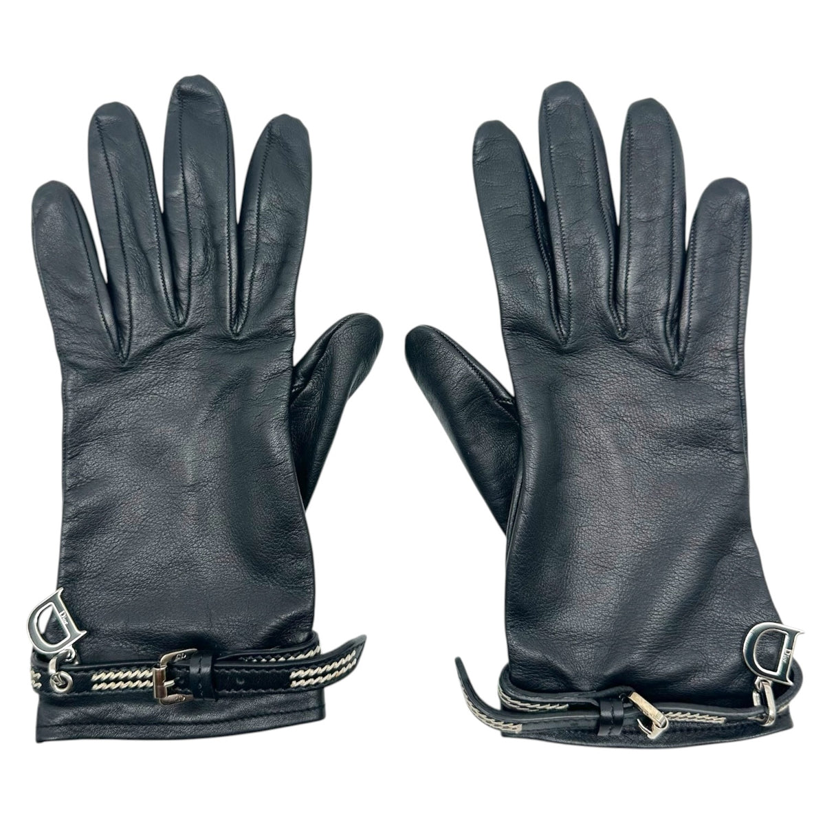 Christian Dior Leather Gloves Black White Contrast Stitch