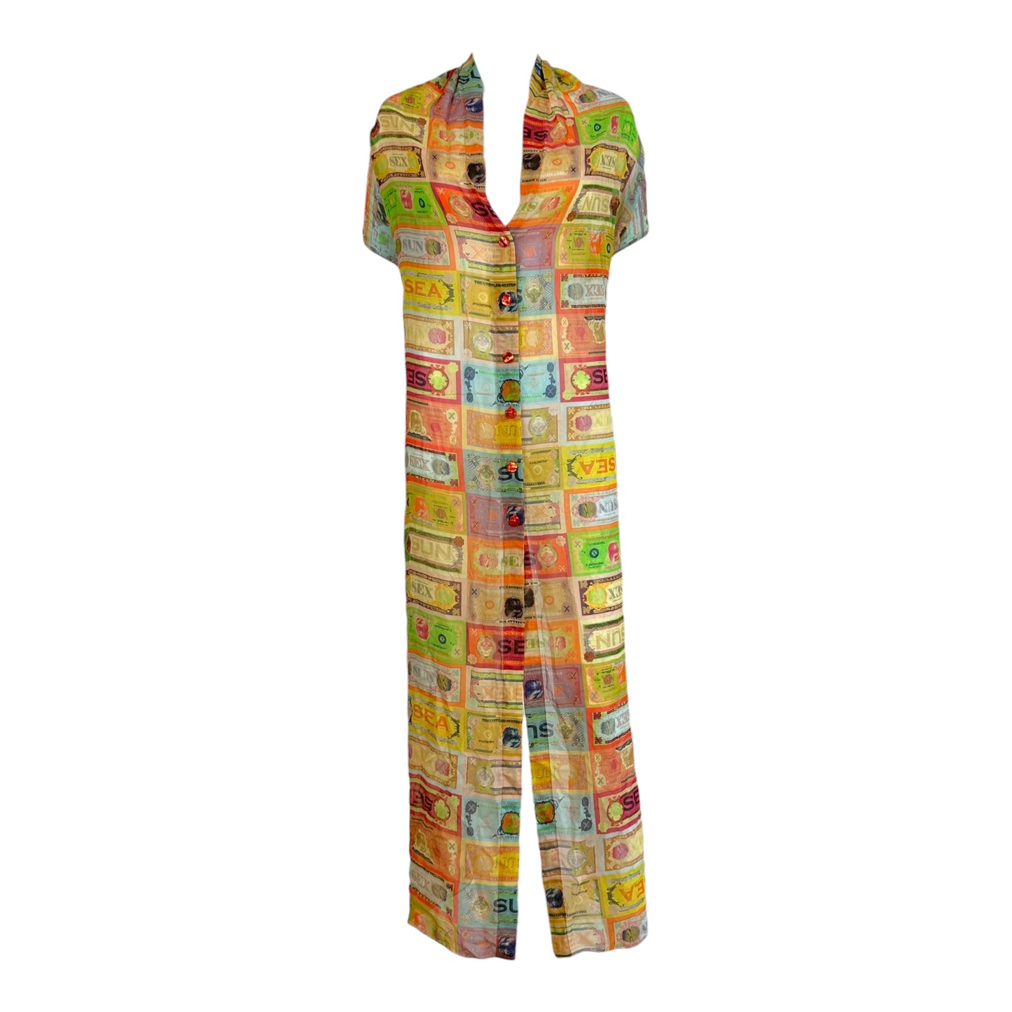 Jean Paul Gaultier Soleil Multicolor Money Print Backless Sheer Maxi Halter Top