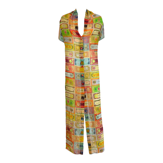 Jean Paul Gaultier Soleil Multicolor Money Print Backless Sheer Maxi Halter Top