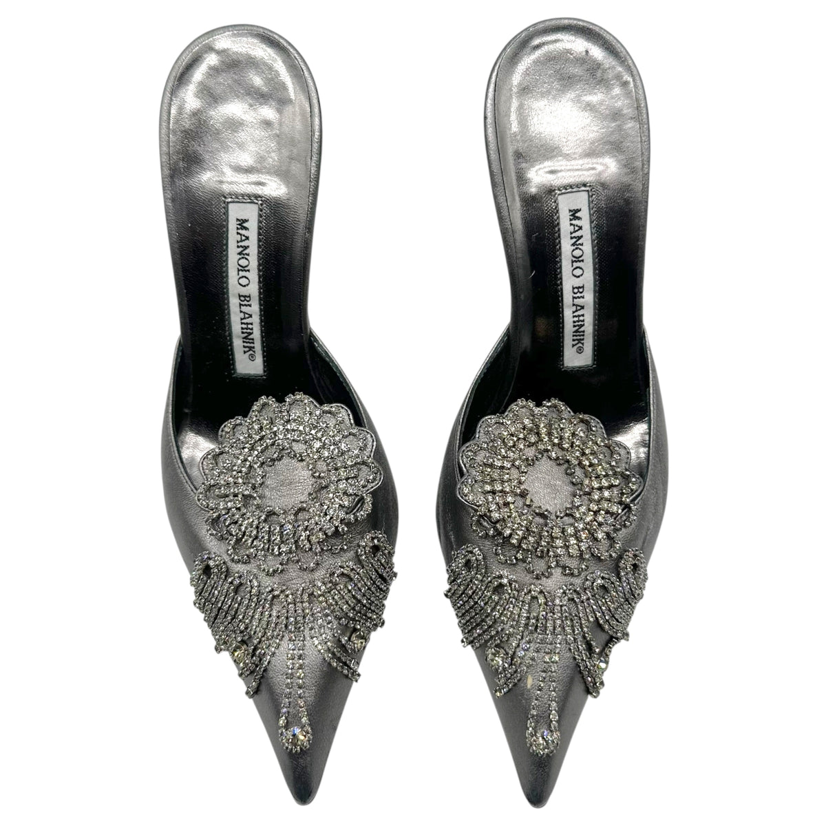 Manolo Blahnik Silver Leather & Crystal Embellished Mule Heels