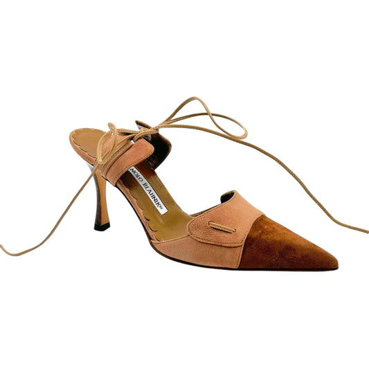 Manolo Blahnik Brown & Tan Suede Pointed Toe Wrap Heels