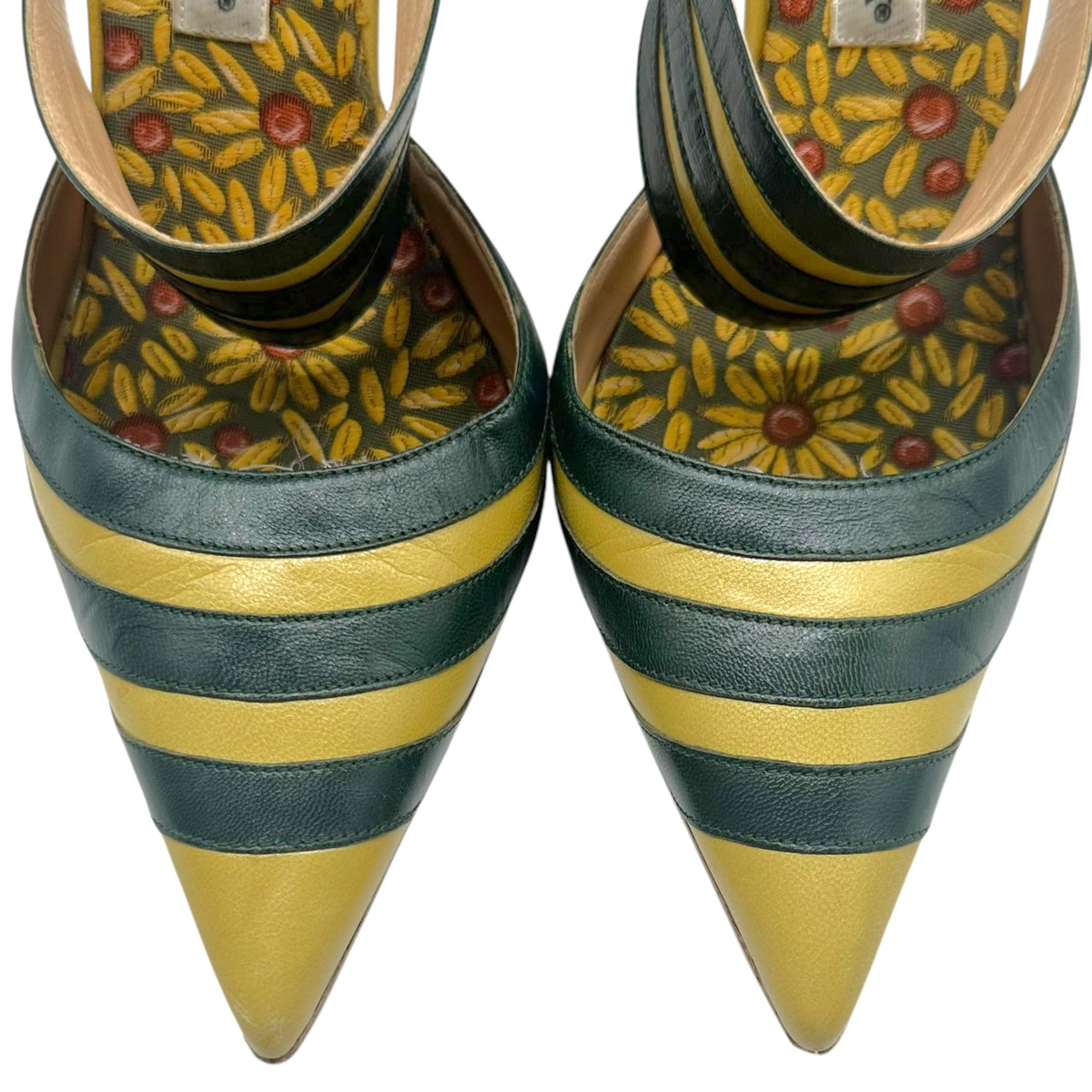Manolo Blahnik Pointed Toe Pumps Dark Green Yellow Stripes