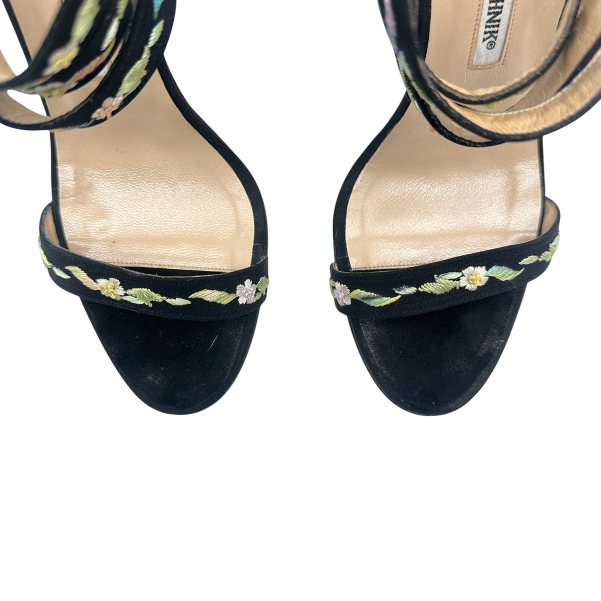Manolo Blahnik Black Floral Embroidered Ankle Wrap Sandals