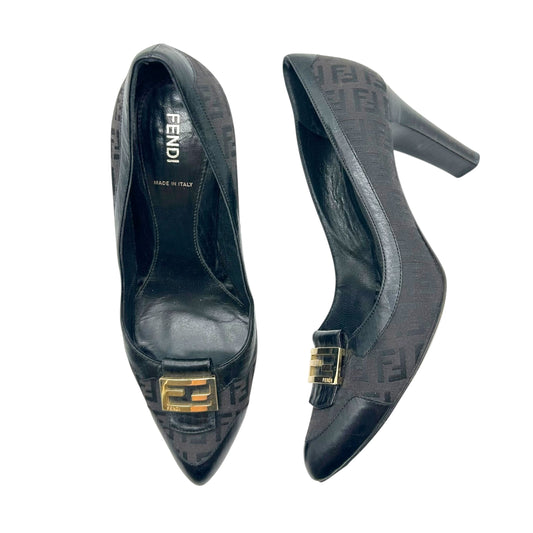 Fendi Black Zucchino Monogram Block Heels