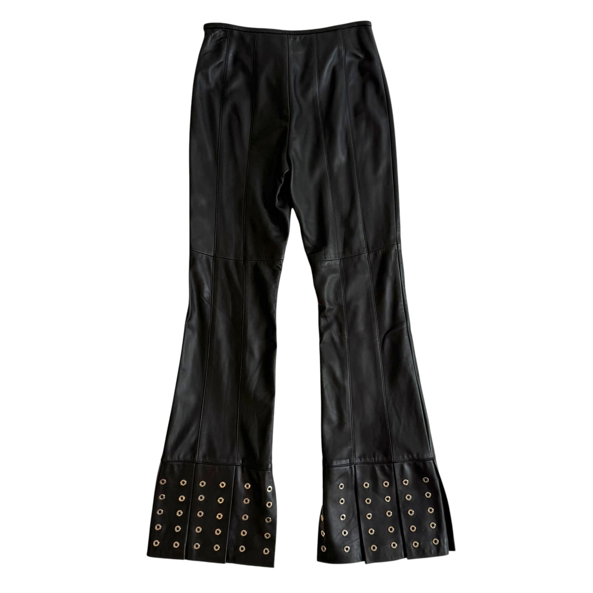 Escada Black Lambskin Leather Studded Fringe Trim Pants