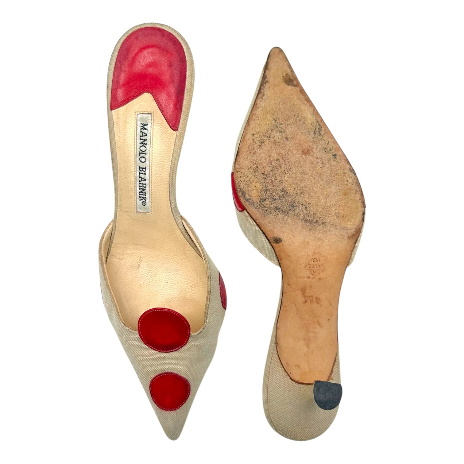 Manolo Blahnik Ivory & Red Polka Dot Kitten Heel Mules - Outfit Repeater