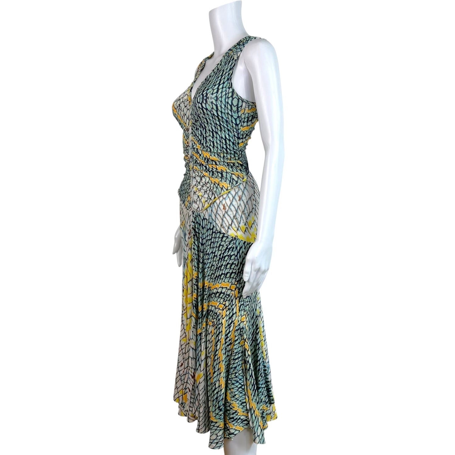 Roberto Cavalli Turquoise Yellow Scale Print Midi Dress