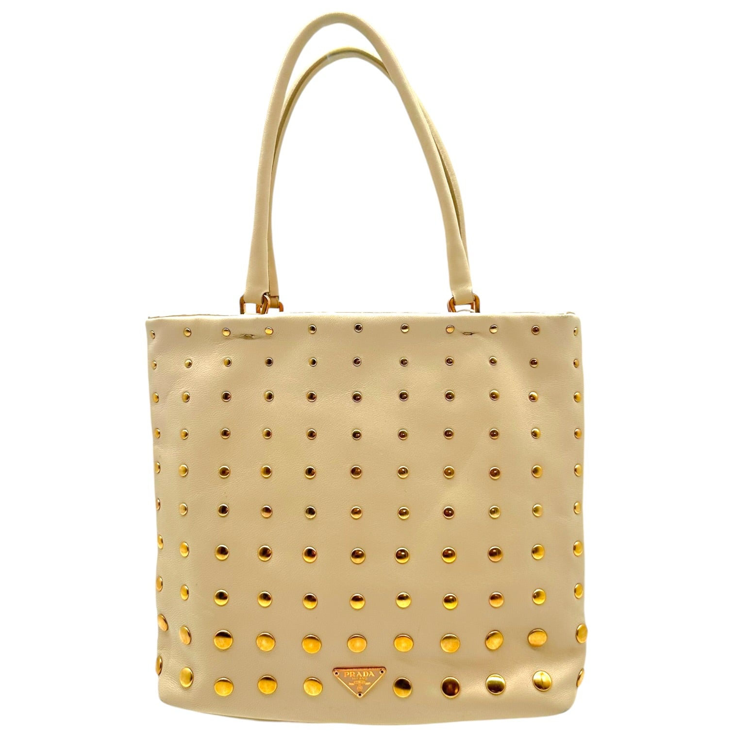 Prada Mini Tote Handbag Ivory Gold Studded Leather